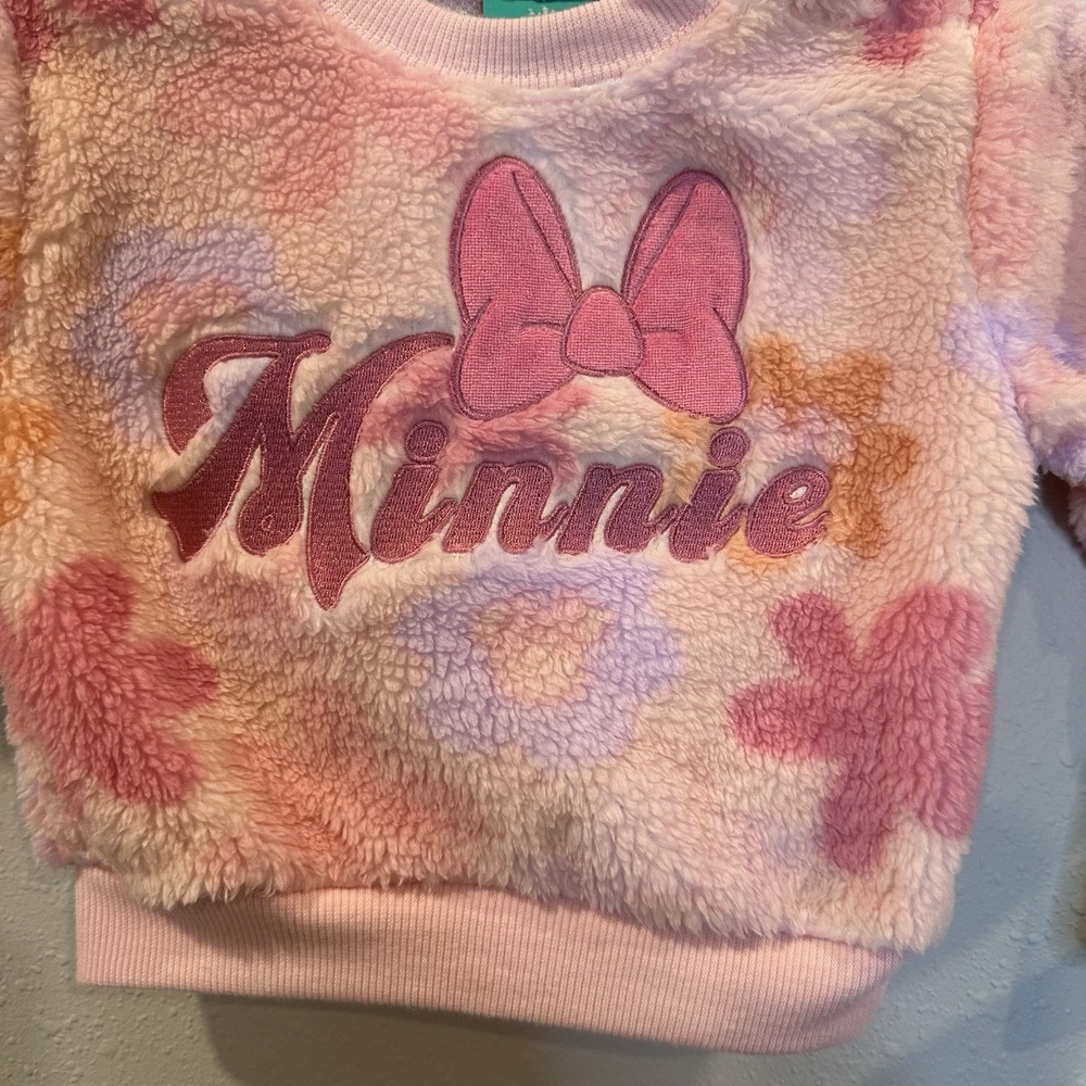 Disney Baby Minnie Mouse Girls 0-3M Sweatshirt Crew Neck Floral Spell-out Fuzzy - Picture 2 of 9